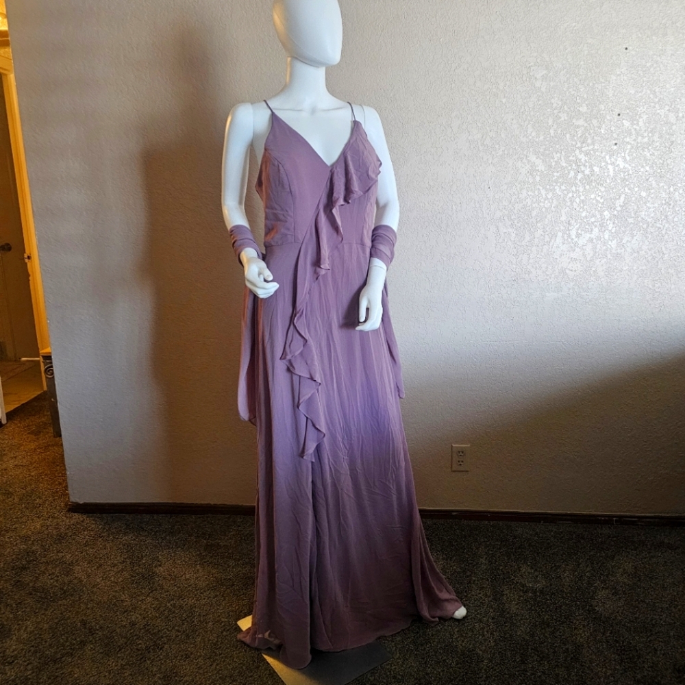 EVA Ruffles Lace Long Chiffon Dress XL NWOT Mauve shawl